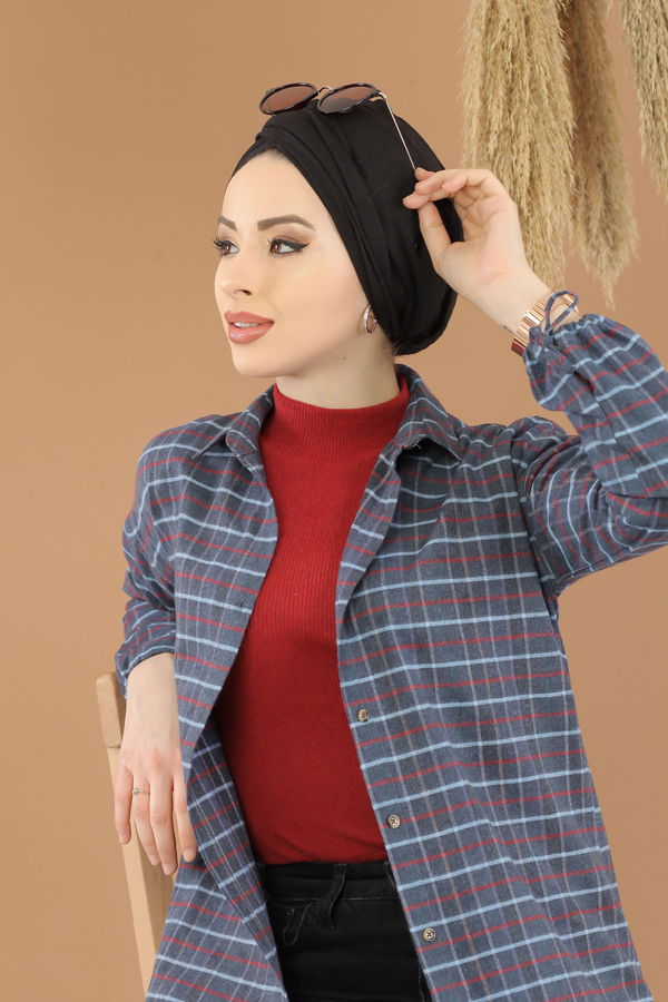 Düz Orta Kadın Antrasit Ekose Tunik İpli Haki  - 8286 ANTRASİT
