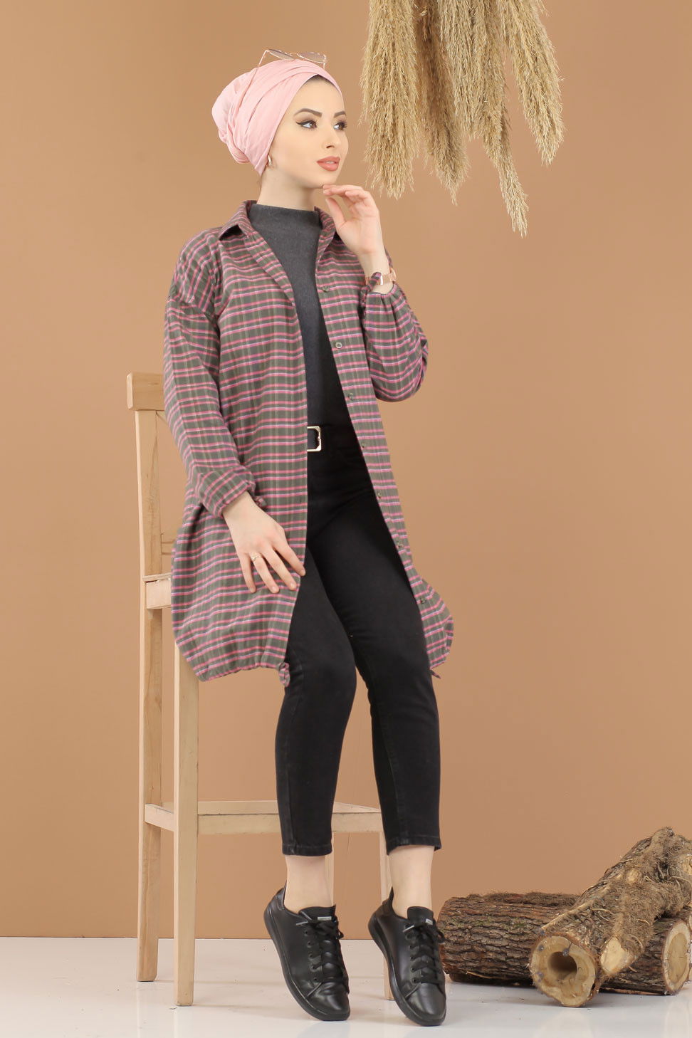 Düz Orta Kadın Haki Ekose Tunik İpli Haki  - 8286