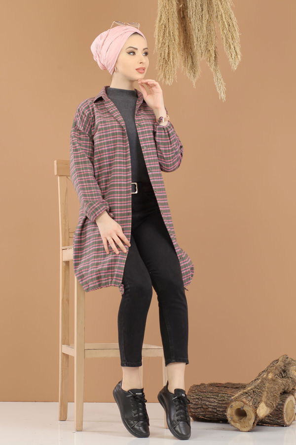 Düz Orta Kadın Haki Ekose Tunik İpli Haki  - 8286