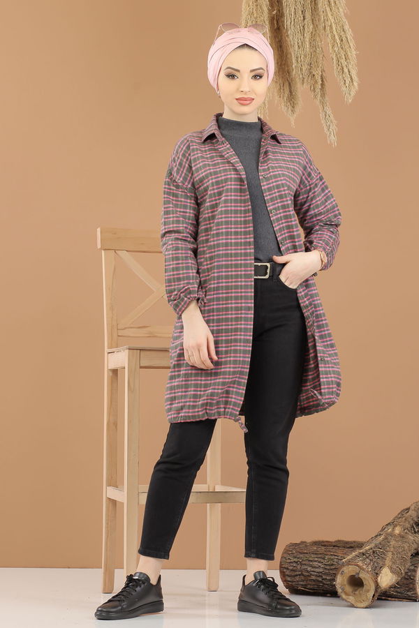 Düz Orta Kadın Haki Ekose Tunik İpli Haki  - 8286