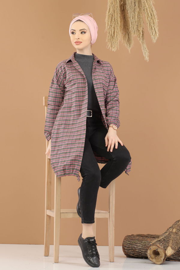 Düz Orta Kadın Haki Ekose Tunik İpli Haki  - 8286