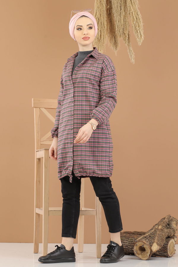 Düz Orta Kadın Haki Ekose Tunik İpli Haki  - 8286