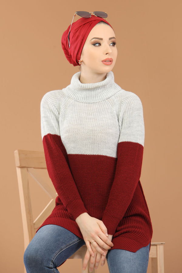 Düz Orta Kadın Bordo Bogazlı Triko Tunik Siyah  - 8259