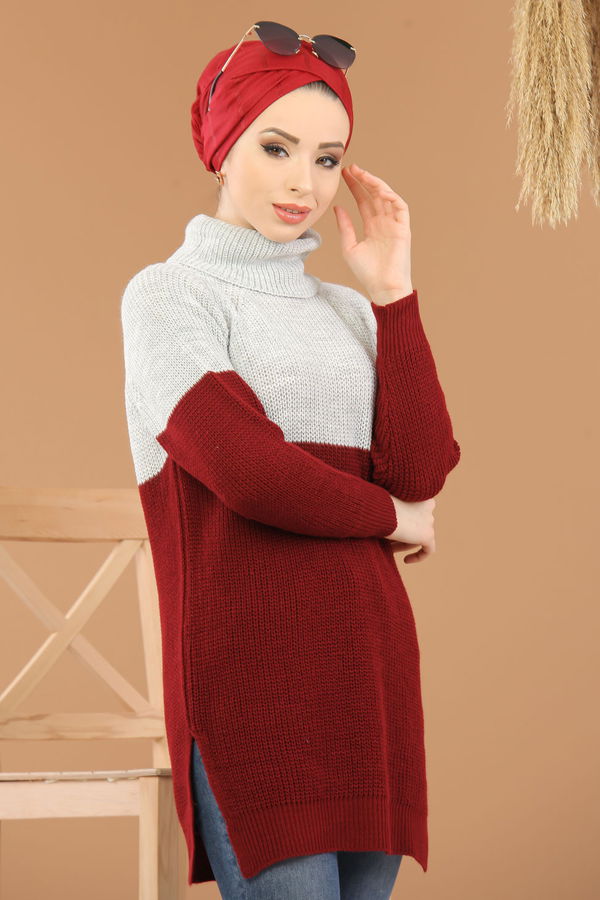 Düz Orta Kadın Bordo Bogazlı Triko Tunik Siyah  - 8259