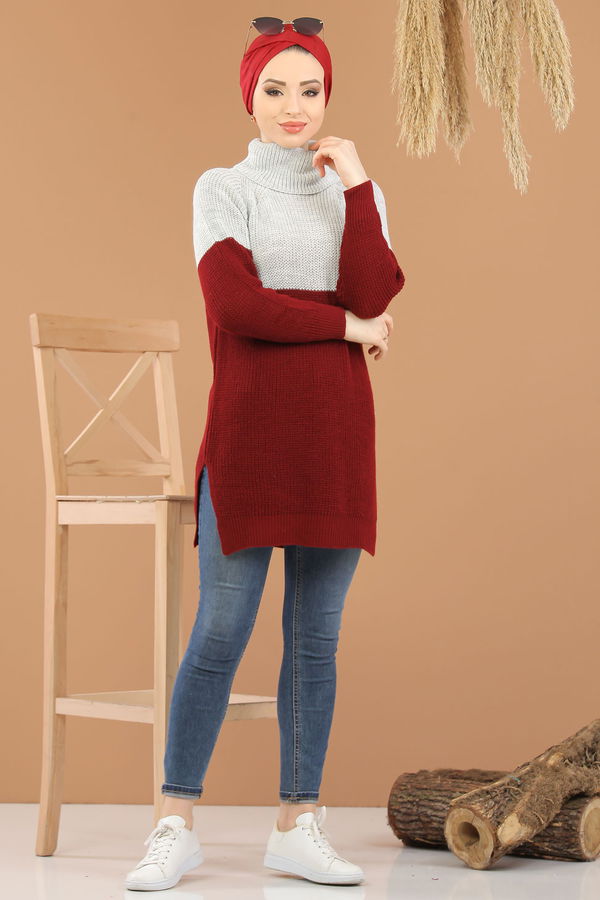 Düz Orta Kadın Bordo Bogazlı Triko Tunik Siyah  - 8259