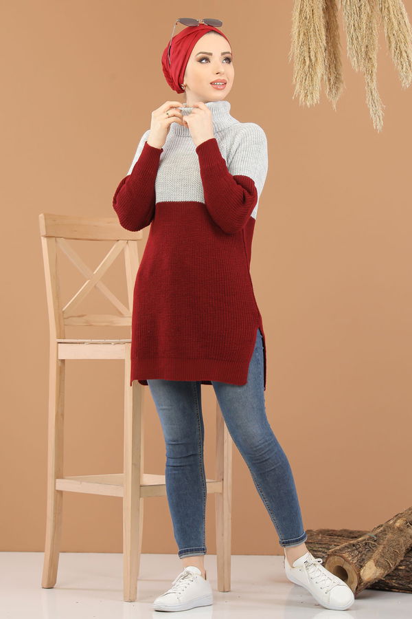 Düz Orta Kadın Bordo Bogazlı Triko Tunik Siyah  - 8259