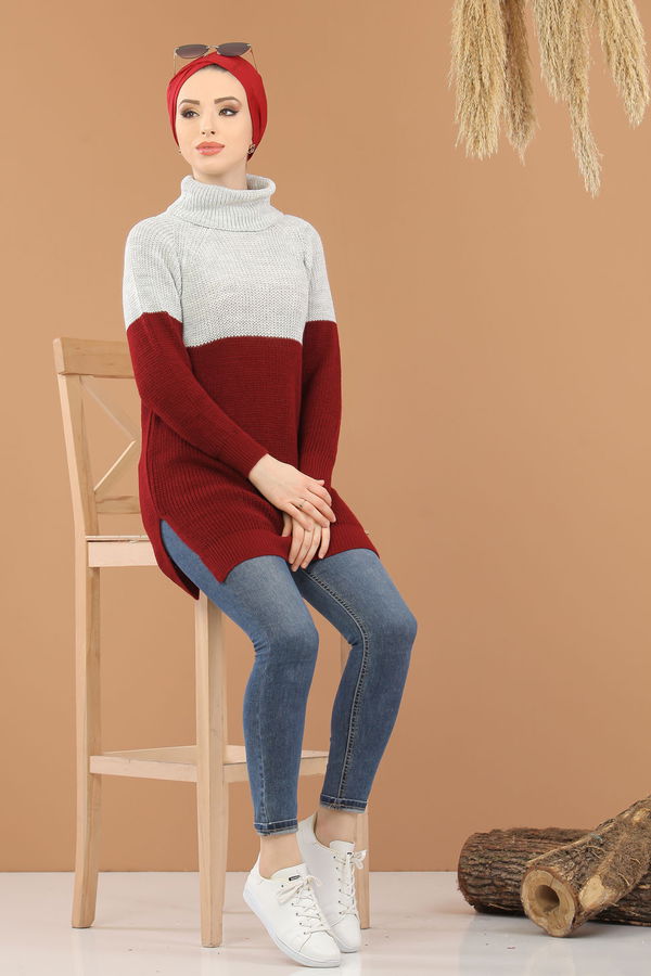 Düz Orta Kadın Bordo Bogazlı Triko Tunik Siyah  - 8259