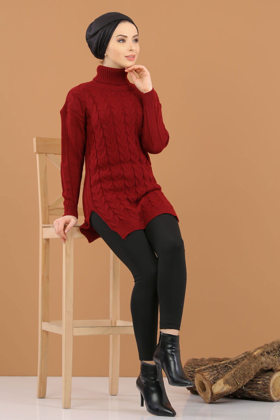Düz Bogazlı Yaka Kadın Bordo Bogazlı Tunik Siyah  - 8318