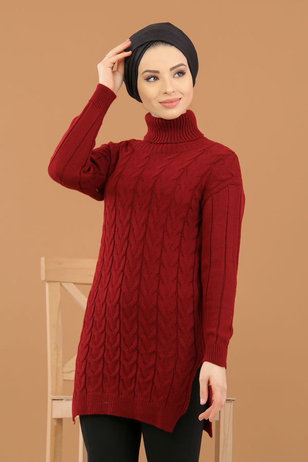 Düz Bogazlı Yaka Kadın Bordo Bogazlı Tunik Siyah  - 8318