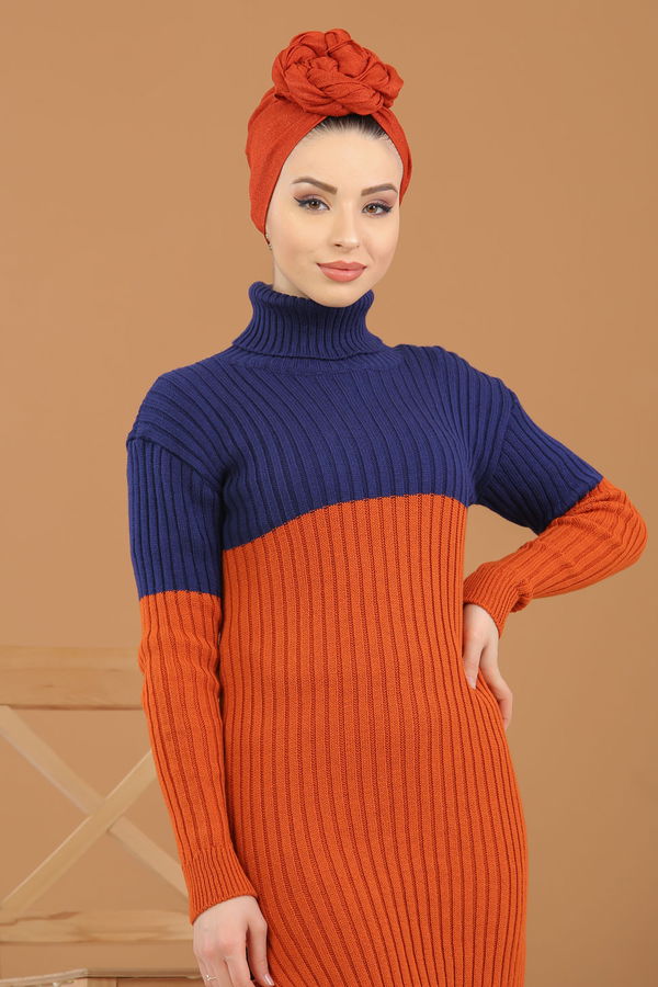 Düz Orta Kadın Kiremit Bogazlı Triko Tunik Haki Siyah  - 8274 KİREMİT