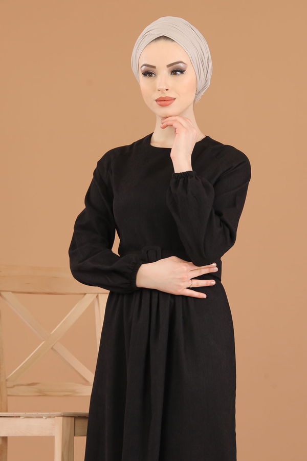 Düz Orta Kadın Siyah 8339 KADİFE ELBİSE - 8339