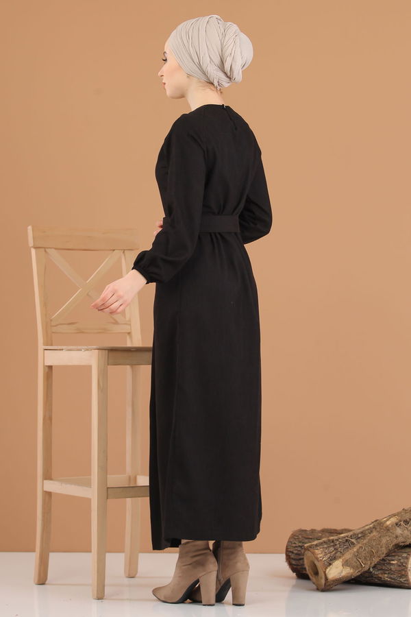 Düz Orta Kadın Siyah 8339 KADİFE ELBİSE - 8339