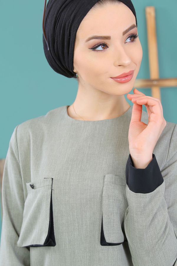 Düz Orta Kadın Yeşil 8366 CEPLİ TUNİK - 8366