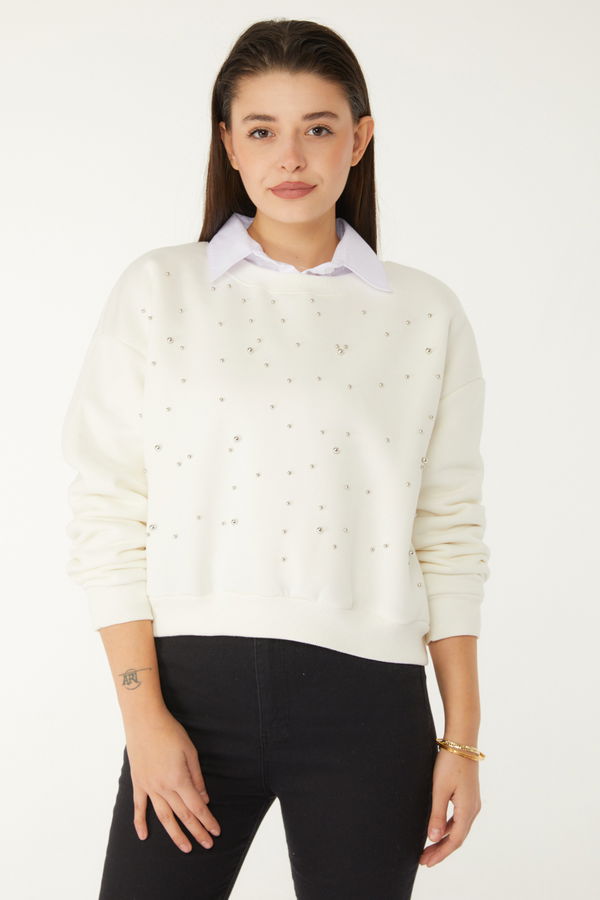 Düz Bisiklet Yaka Kadın Beyaz Boncuklu Sweatshirt - 26541