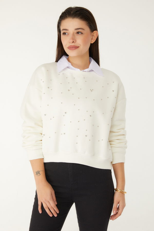 Düz Bisiklet Yaka Kadın Beyaz Boncuklu Sweatshirt - 26541