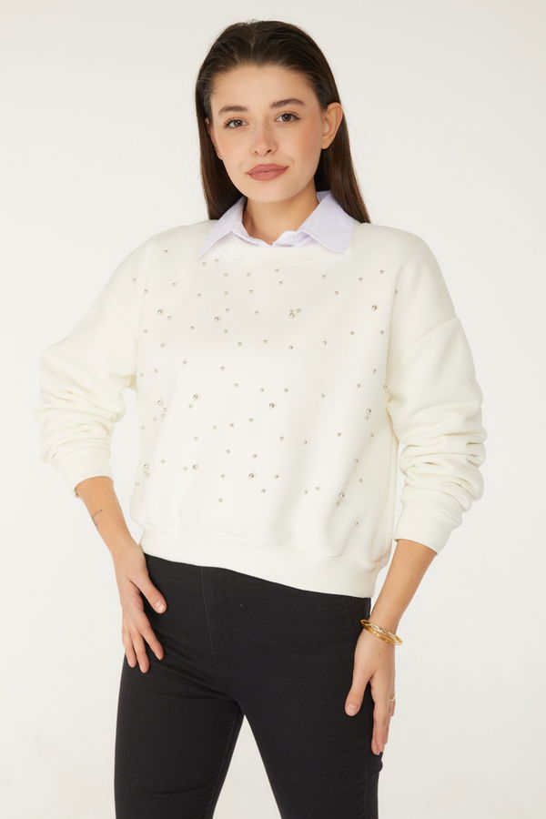 Düz Bisiklet Yaka Kadın Beyaz Boncuklu Sweatshirt - 26541