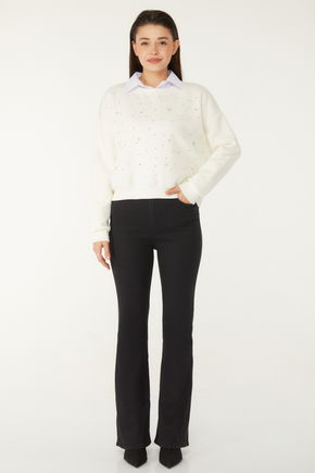 Düz Bisiklet Yaka Kadın Beyaz Boncuklu Sweatshirt - 26541