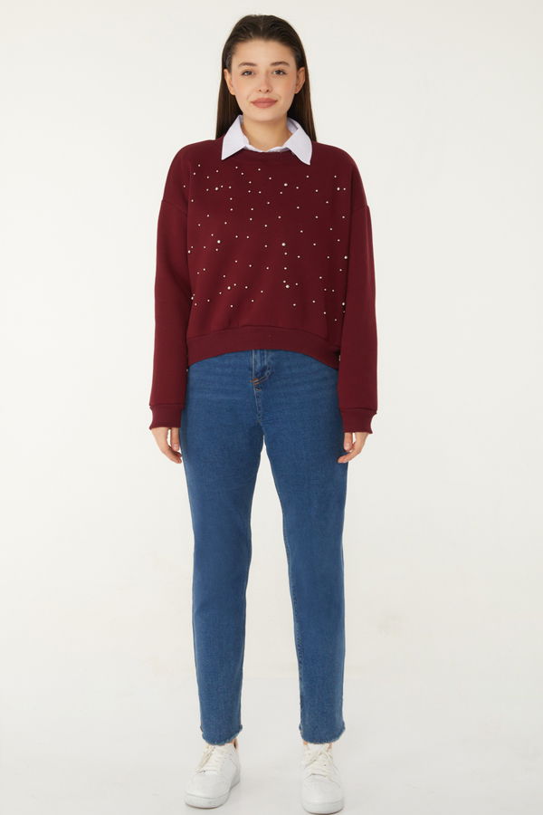 Düz Bisiklet Yaka Kadın Bordo Boncuklu Sweatshirt - 26541
