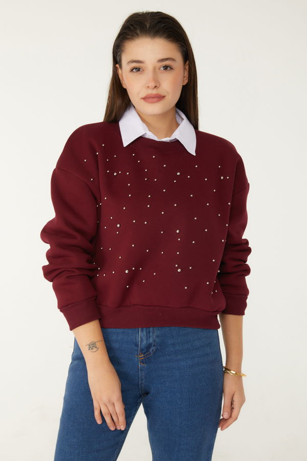 Düz Bisiklet Yaka Kadın Bordo Boncuklu Sweatshirt - 26541