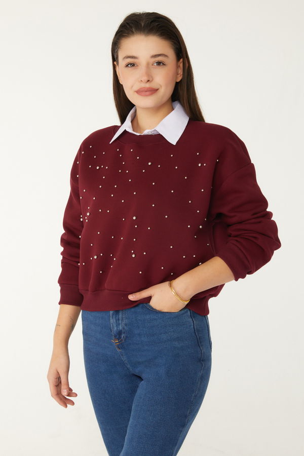 Düz Bisiklet Yaka Kadın Bordo Boncuklu Sweatshirt - 26541