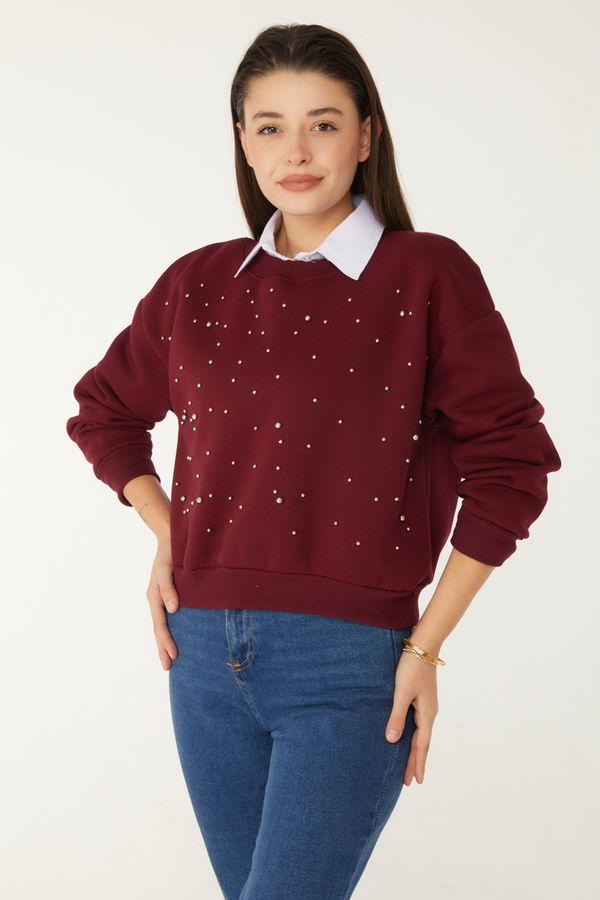 Düz Bisiklet Yaka Kadın Bordo Boncuklu Sweatshirt - 26541