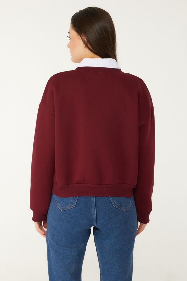 Düz Bisiklet Yaka Kadın Bordo Boncuklu Sweatshirt - 26541