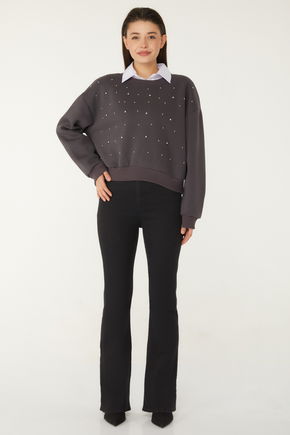 Düz Bisiklet Yaka Kadın Antrasit Boncuklu Sweatshirt - 26541