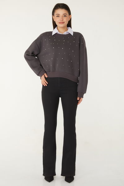 Düz Bisiklet Yaka Kadın Antrasit Boncuklu Sweatshirt - 26541