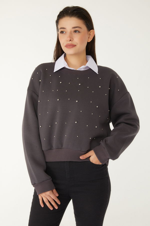 Düz Bisiklet Yaka Kadın Antrasit Boncuklu Sweatshirt - 26541