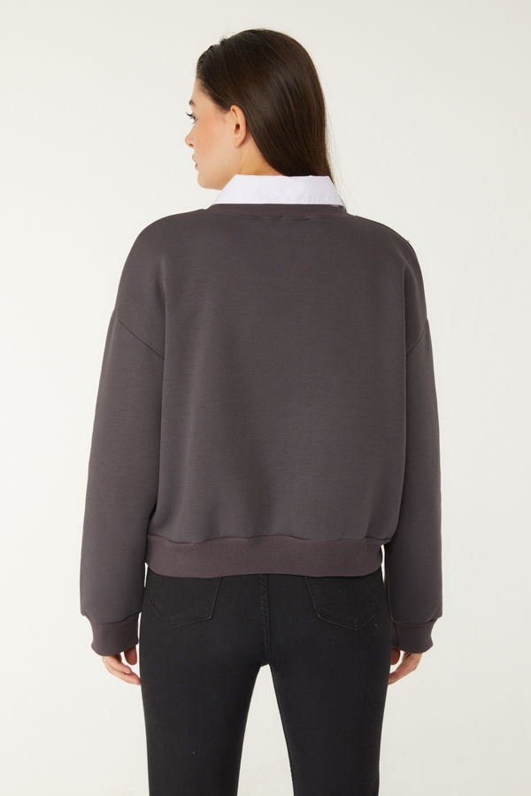 Düz Bisiklet Yaka Kadın Antrasit Boncuklu Sweatshirt - 26541