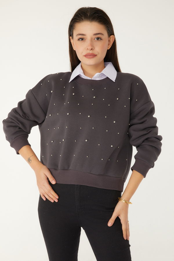 Düz Bisiklet Yaka Kadın Antrasit Boncuklu Sweatshirt - 26541
