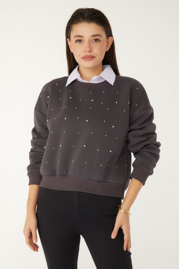 Düz Bisiklet Yaka Kadın Antrasit Boncuklu Sweatshirt - 26541