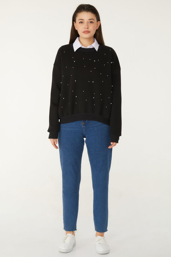 Düz Bisiklet Yaka Kadın Siyah Boncuklu Sweatshirt - 26541