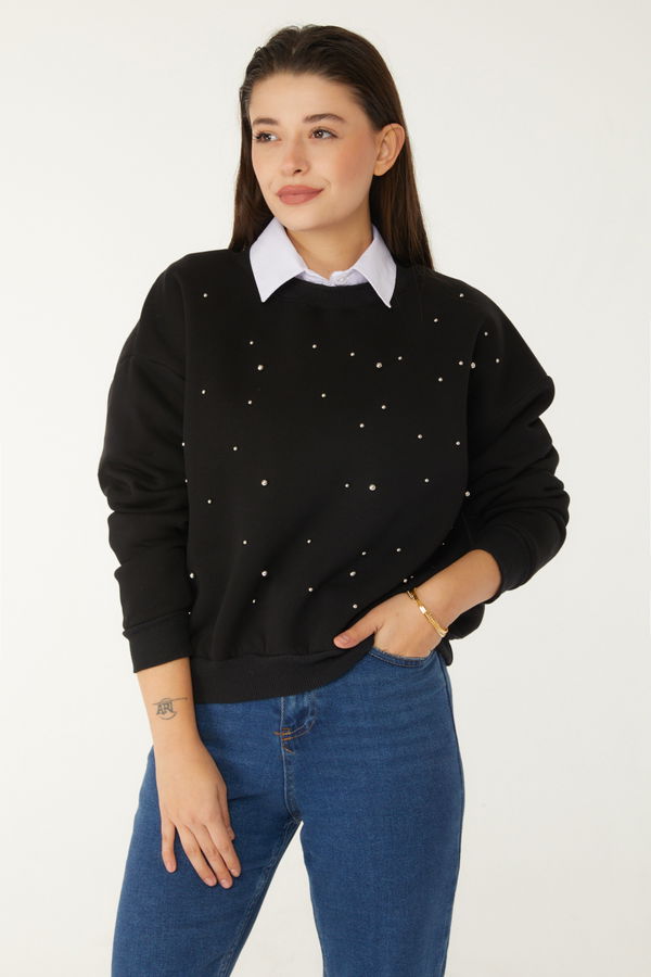 Düz Bisiklet Yaka Kadın Siyah Boncuklu Sweatshirt - 26541