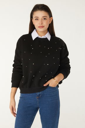 Düz Bisiklet Yaka Kadın Siyah Boncuklu Sweatshirt - 26541