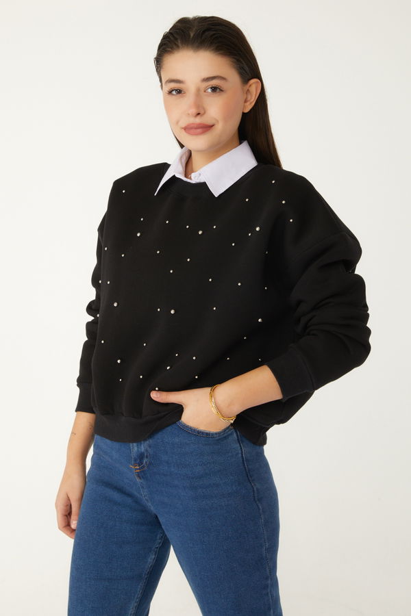 Düz Bisiklet Yaka Kadın Siyah Boncuklu Sweatshirt - 26541