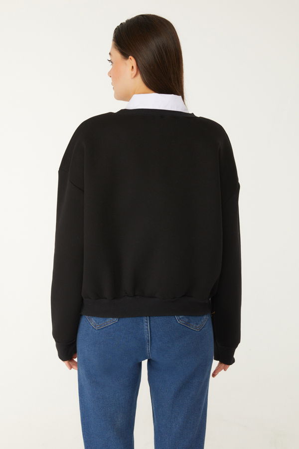 Düz Bisiklet Yaka Kadın Siyah Boncuklu Sweatshirt - 26541