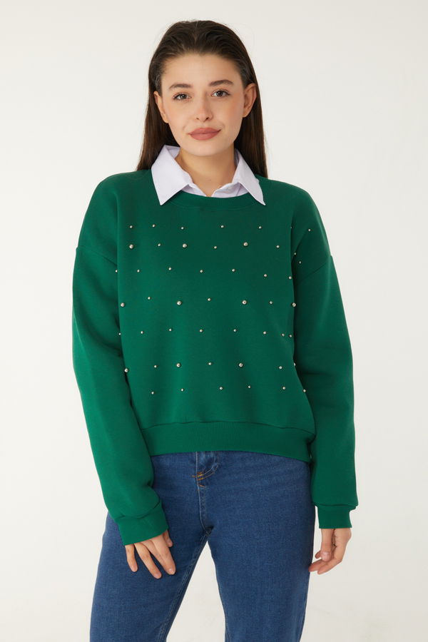Düz Bisiklet Yaka Kadın Yeşil Boncuklu Sweatshirt - 26541