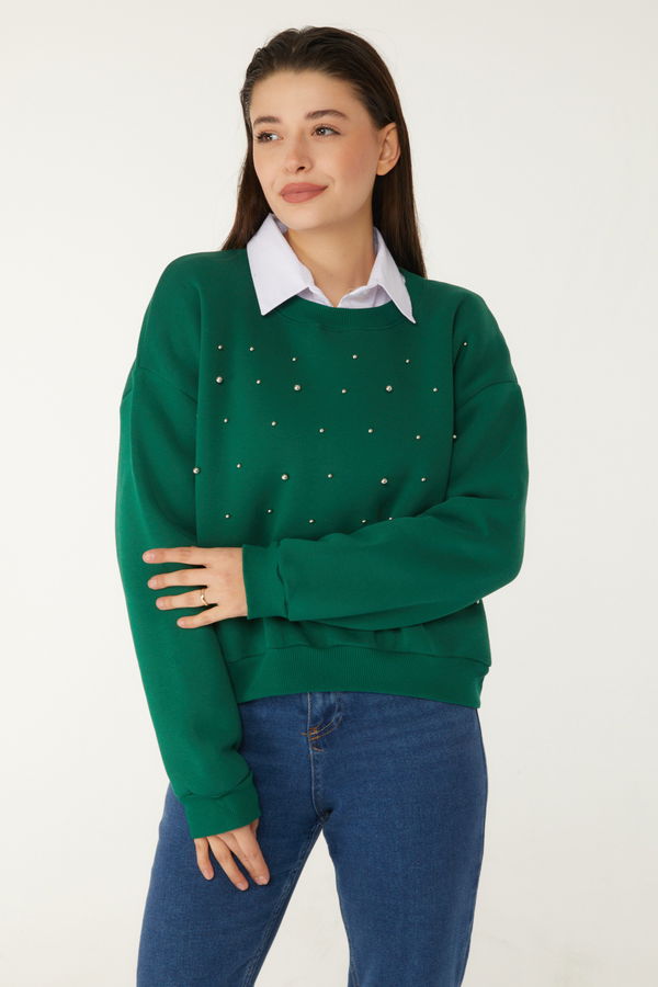 Düz Bisiklet Yaka Kadın Yeşil Boncuklu Sweatshirt - 26541
