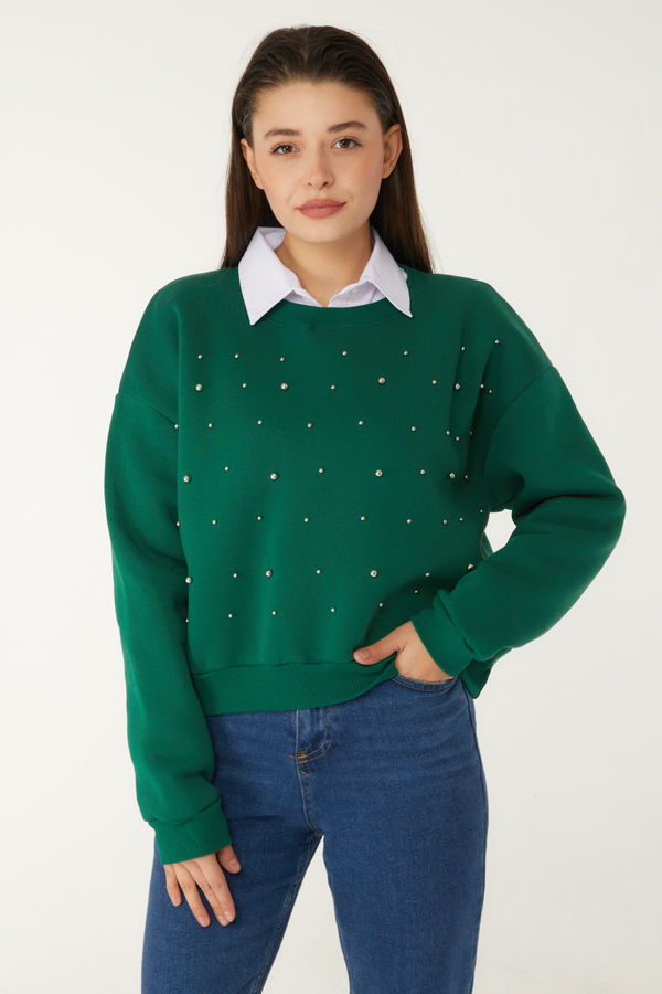 Düz Bisiklet Yaka Kadın Yeşil Boncuklu Sweatshirt - 26541