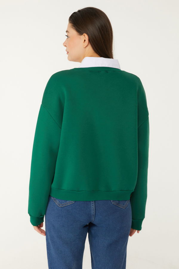 Düz Bisiklet Yaka Kadın Yeşil Boncuklu Sweatshirt - 26541