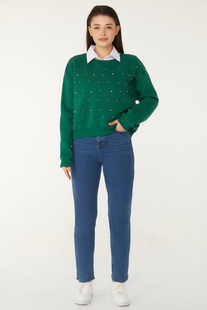 Düz Bisiklet Yaka Kadın Yeşil Boncuklu Sweatshirt - 26541