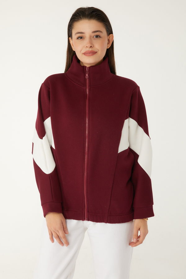 Düz Hakim Yaka Kadın Bordo Fermuarlı sweatshirt - 26543