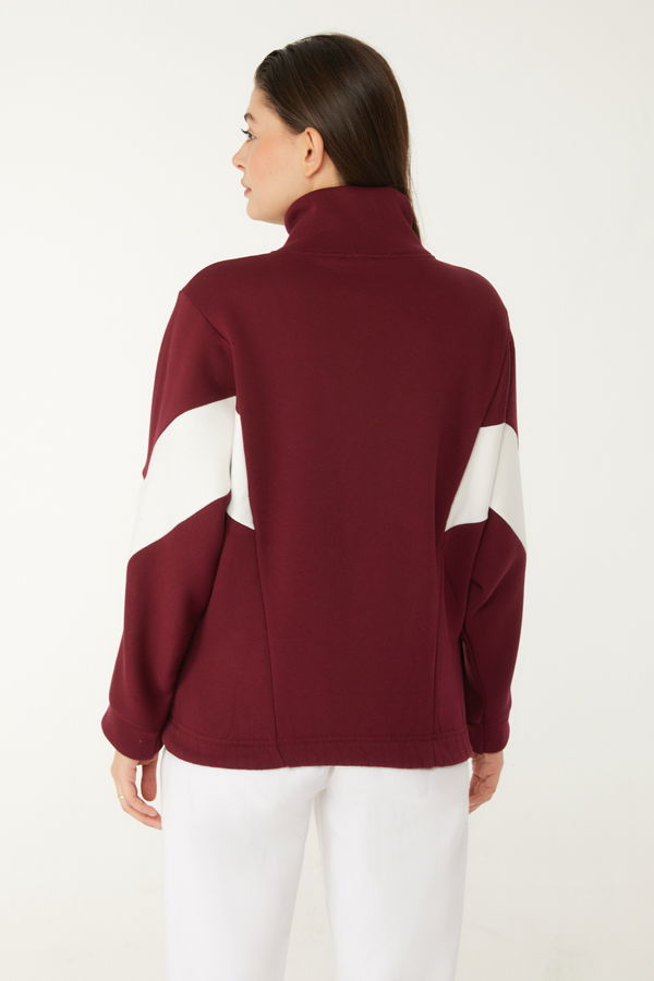 Düz Hakim Yaka Kadın Bordo Fermuarlı sweatshirt - 26543