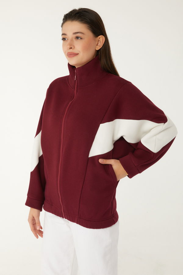 Düz Hakim Yaka Kadın Bordo Fermuarlı sweatshirt - 26543