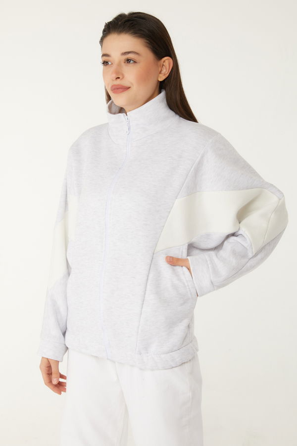 Düz Hakim Yaka Kadın Gri Fermuarlı sweatshirt - 26543