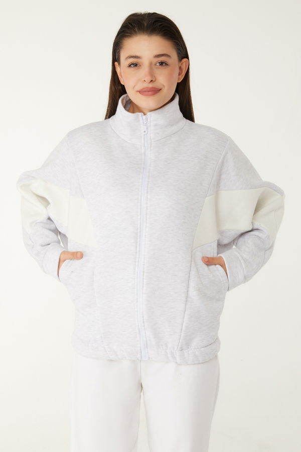 Düz Hakim Yaka Kadın Gri Fermuarlı sweatshirt - 26543