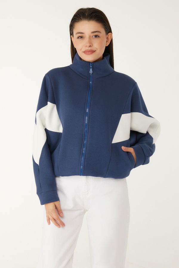 Düz Hakim Yaka Kadın Lacivert Fermuarlı sweatshirt - 26543