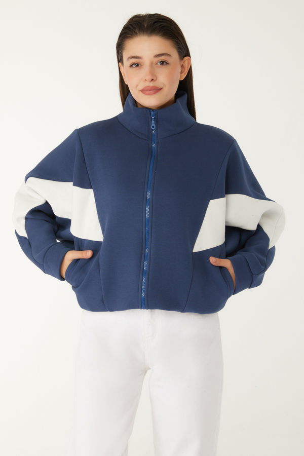 Düz Hakim Yaka Kadın Lacivert Fermuarlı sweatshirt - 26543