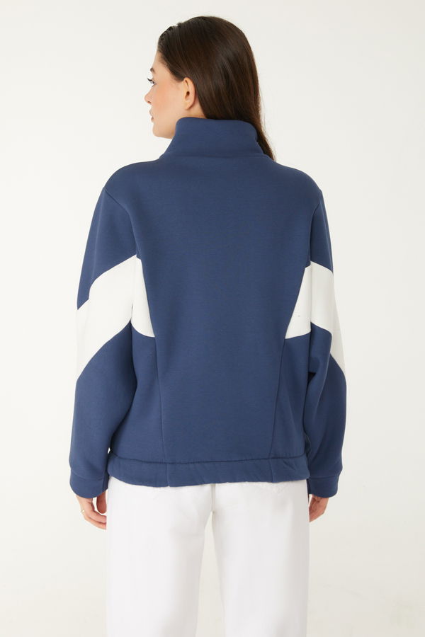 Düz Hakim Yaka Kadın Lacivert Fermuarlı sweatshirt - 26543